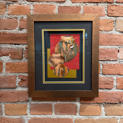An art piece that contains thinly pressed copper shaped and detailed to represent three traditional Native American ceramic pots. They are placed in the foreground. The background is a black, gold and red. Framed in a copper-colored frame.