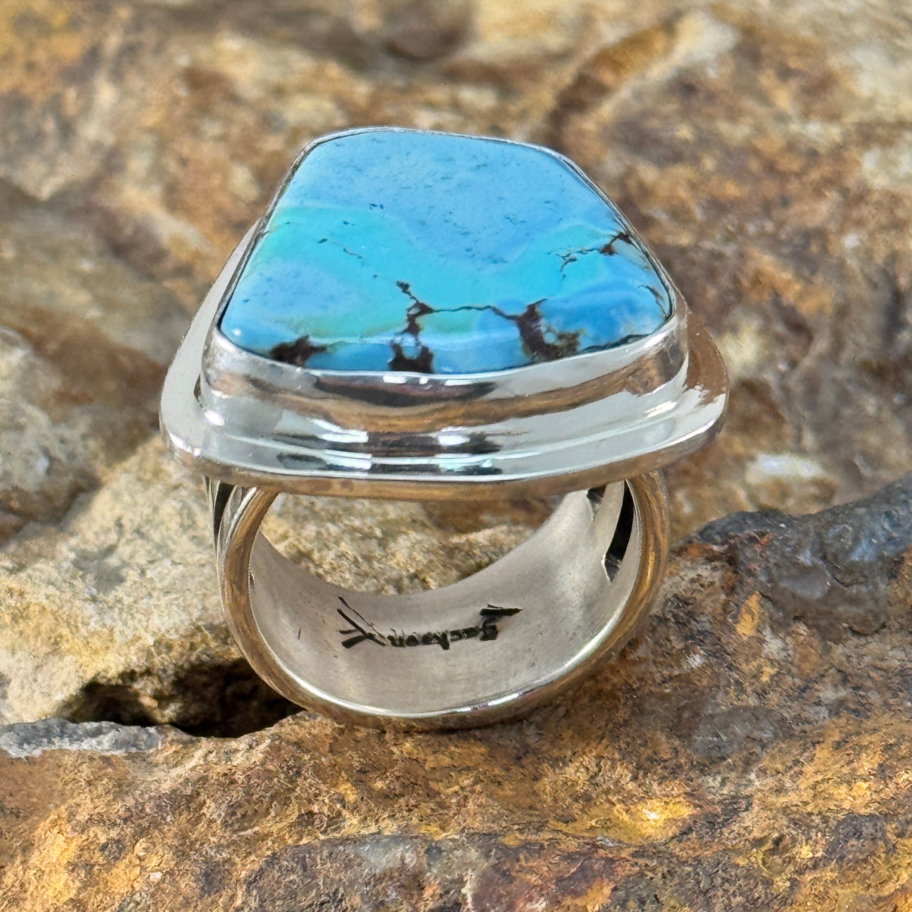 Golden Hill Turquoise Ring by Tommy Jackson - size 10.5 – Black