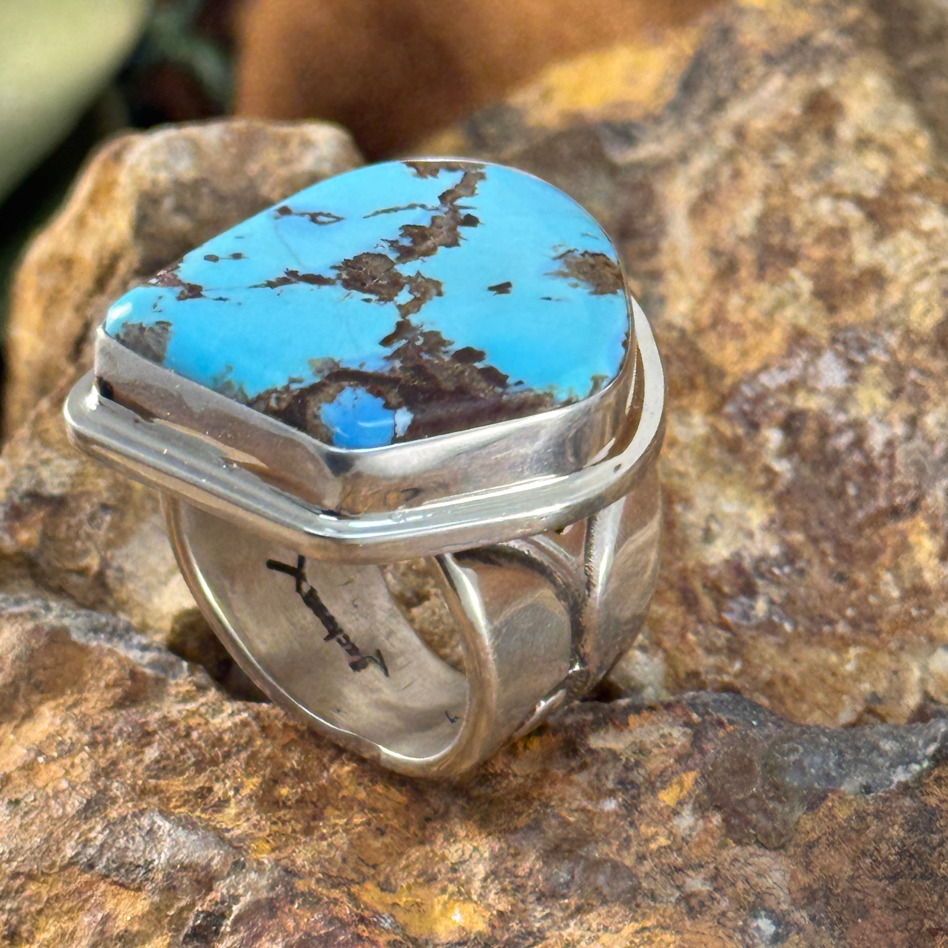 Golden Hill Turquoise Ring by Tommy Jackson - size 13 – Black