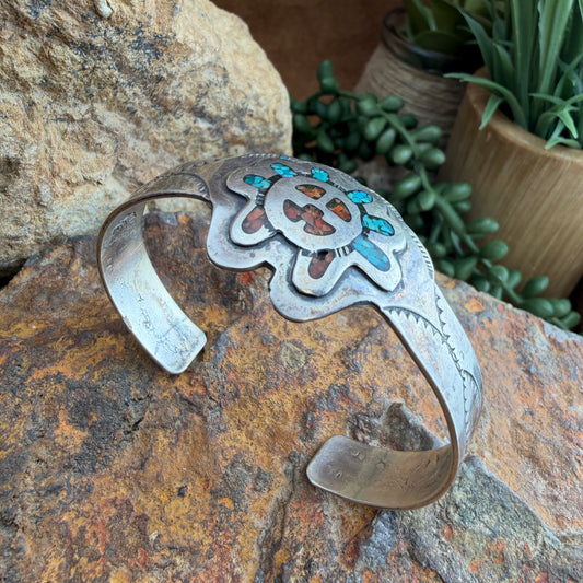 Vintage - Chip Inlay Turquoise & Coral Sun Face Cuff Bracelet - Estate