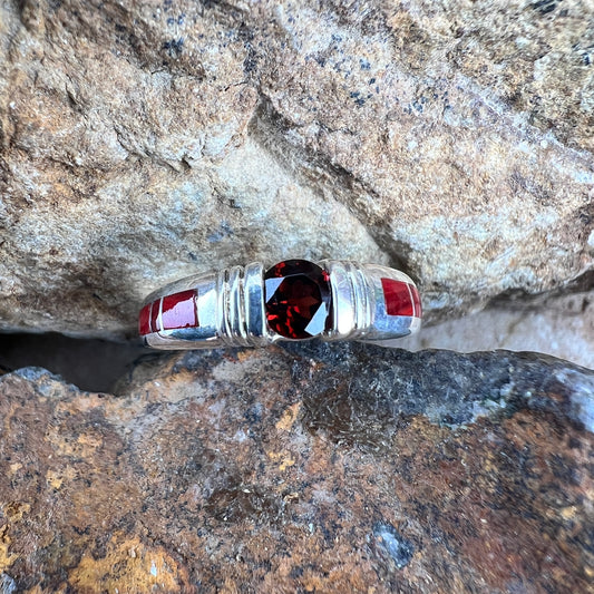 David Rosales Rosarita Inlaid Sterling Silver Ring w/ Red Garnet
