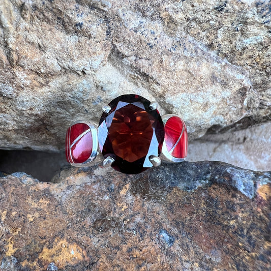 David Rosales Rosarita Inlaid Sterling Silver Ring w Red Garnet