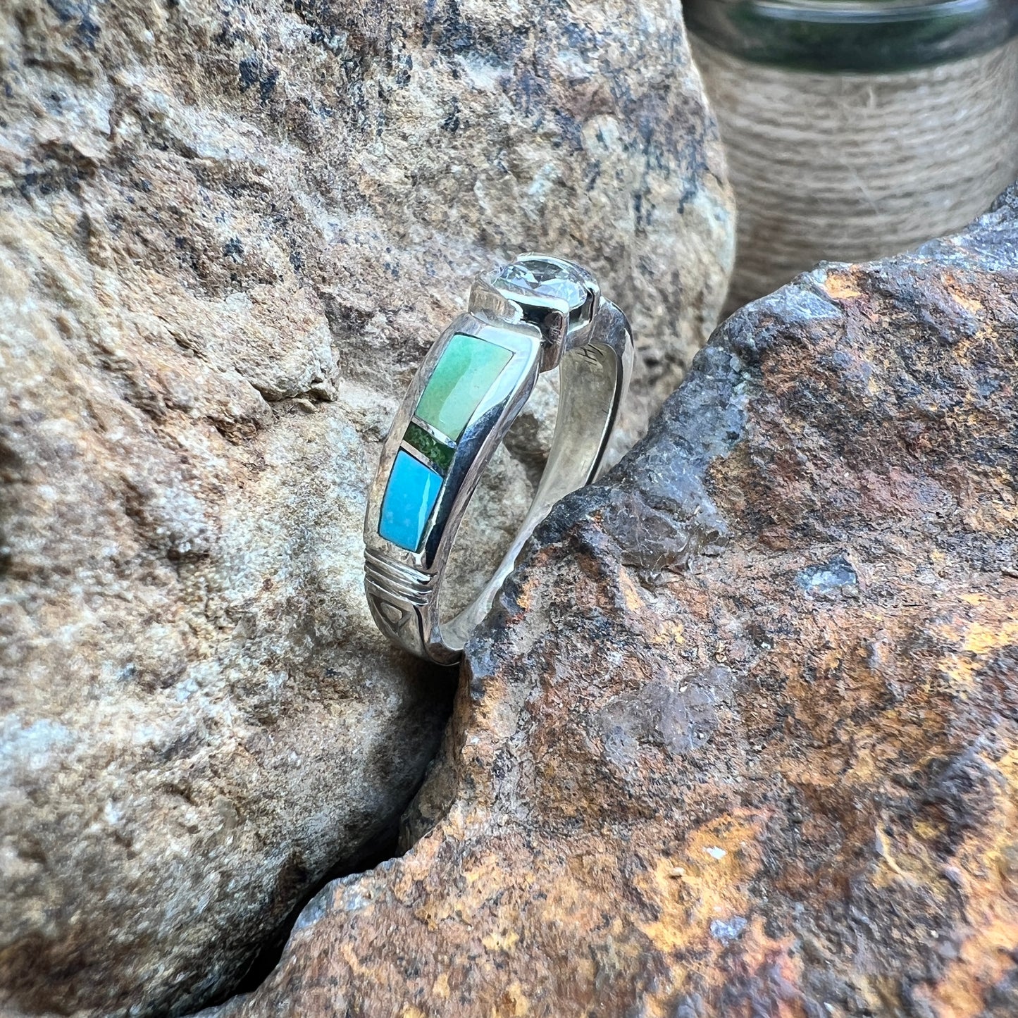 David Rosales Sonoran Gold Inlaid Sterling Silver Ring w/ CZ