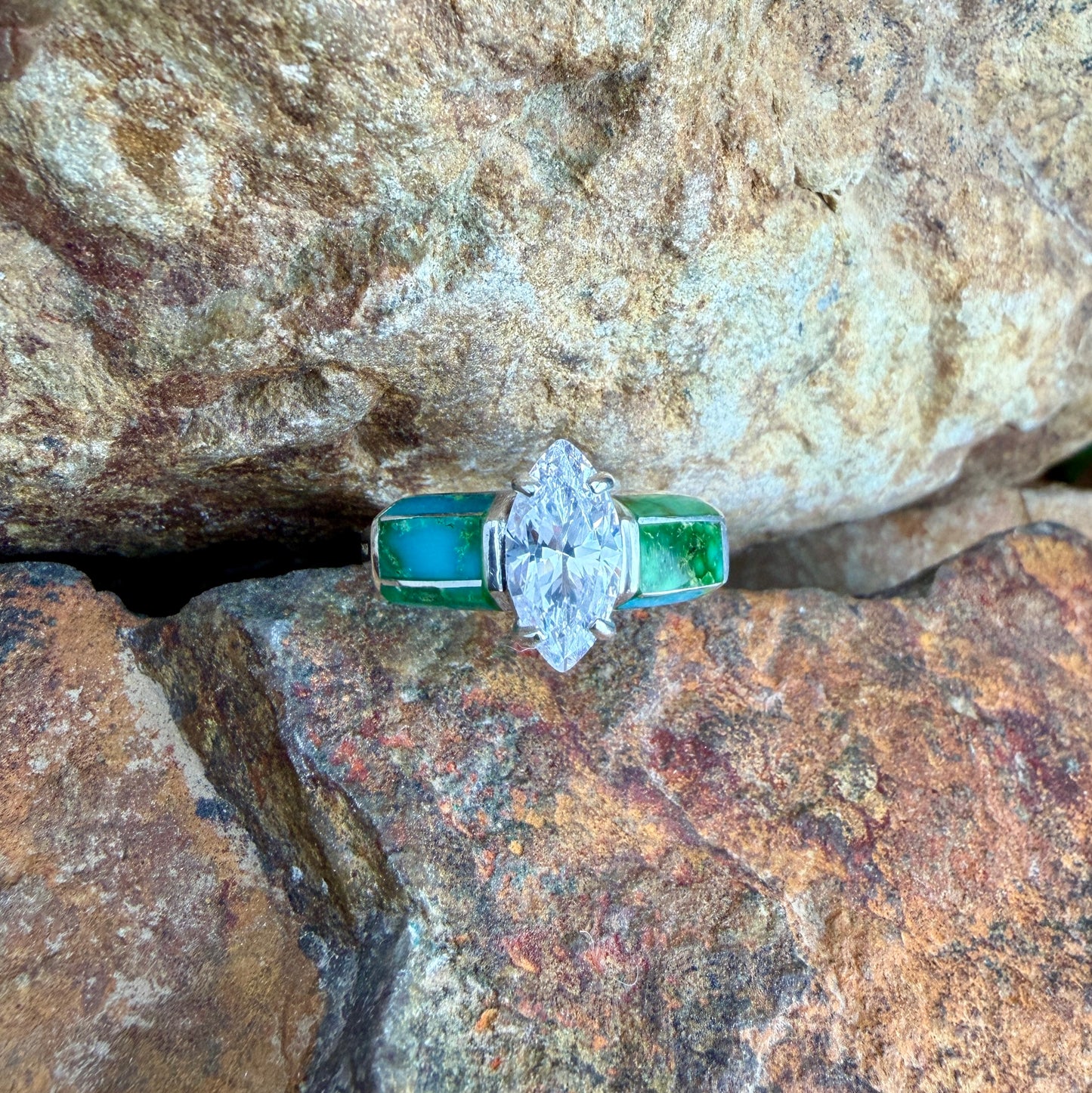 David Rosales Sonoran Gold Inlaid Sterling Silver Ring with Cubic Zirconia