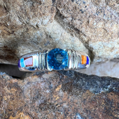 David Rosales Indian Summer Inlaid Sterling Silver Ring w/ Blue Topaz