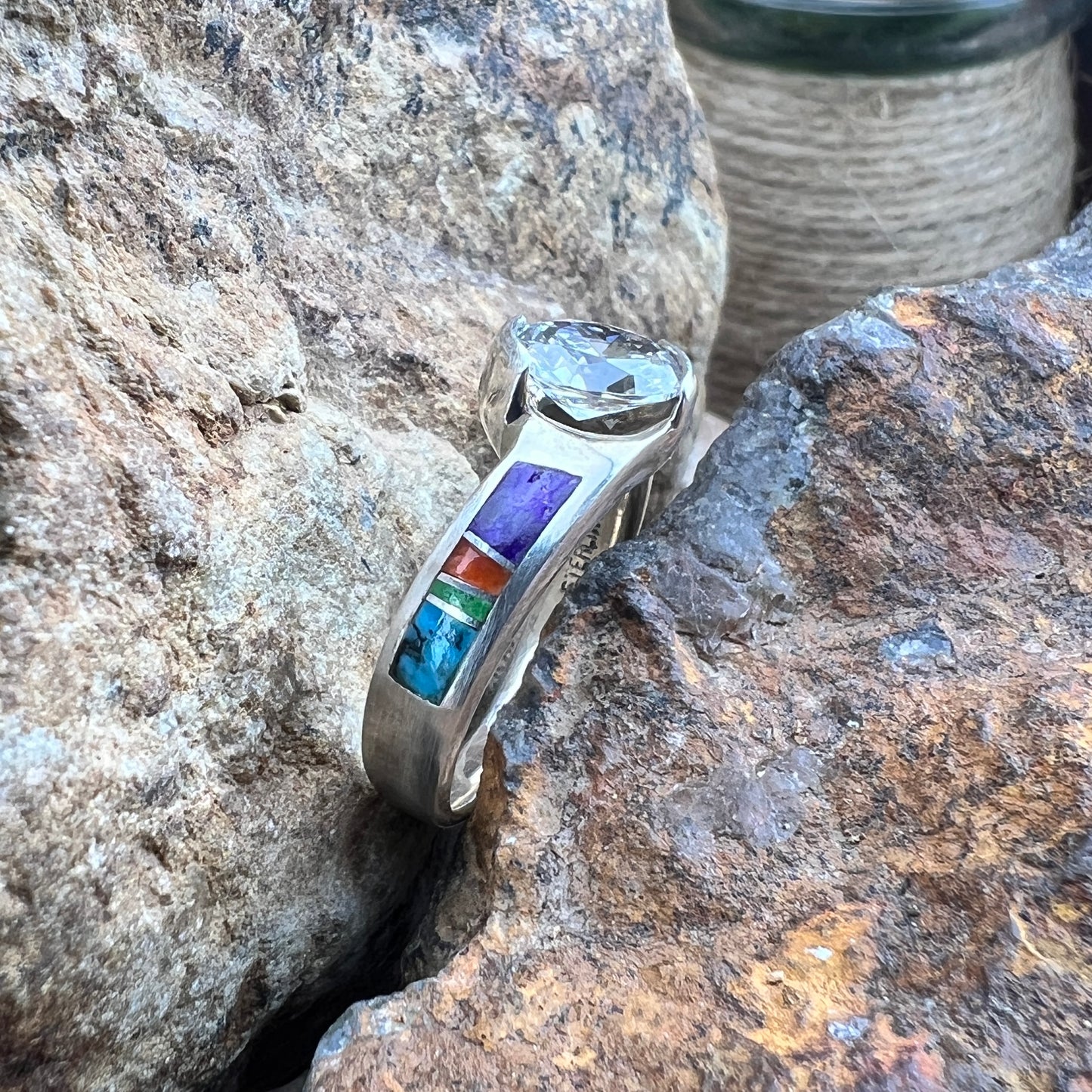 David Rosales Indian Summer Inlaid Sterling Silver Ring w/ Cubic Zirconia