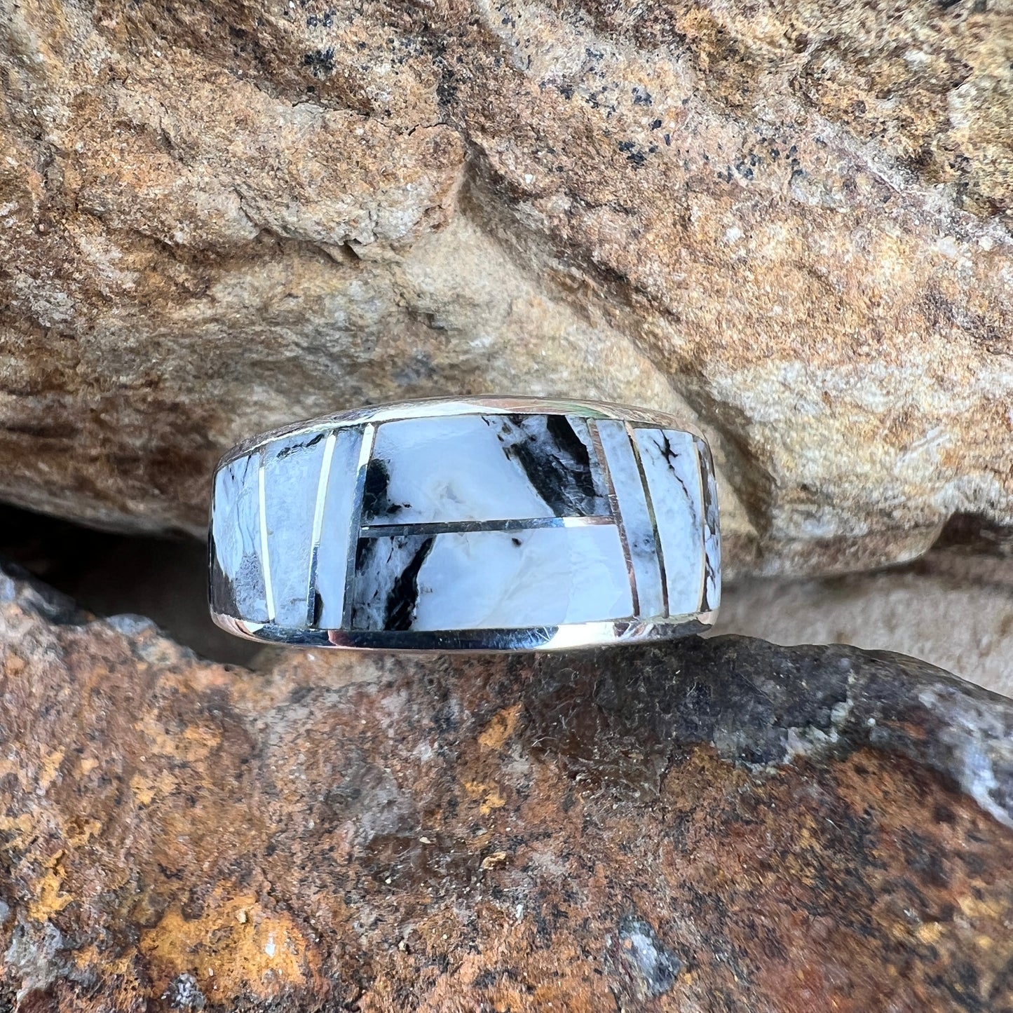 David Rosales White Buffalo Inlaid Sterling Silver Ring