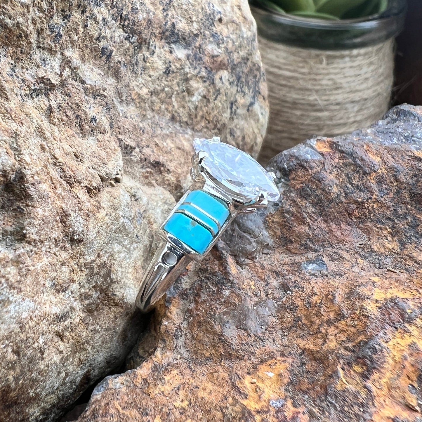 David Rosales Arizona Blue Inlaid Sterling Silver Ring with Cubic Zirconia