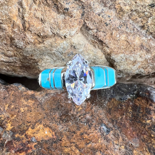 David Rosales Arizona Blue Inlaid Sterling Silver Ring with Cubic Zirconia