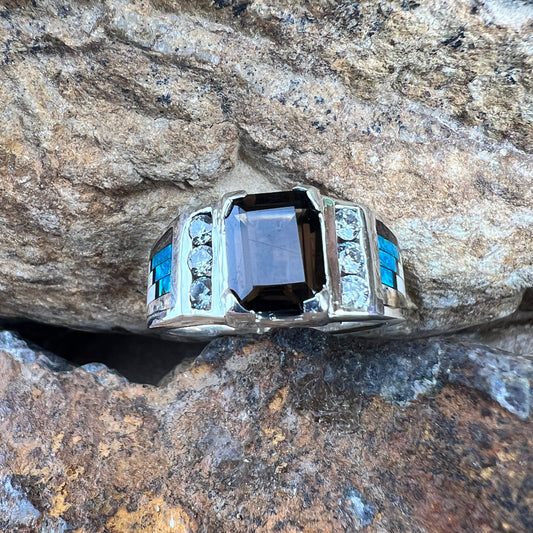 David Rosales Iron Spirit Inlaid Sterling Silver Ring w/ Smoky Topaz & Cubic Zirconia