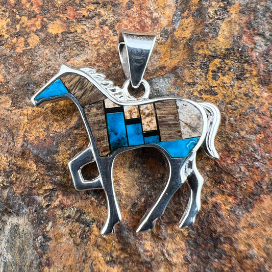 David Rosales Iron Spirit Inlaid Sterling Silver Pendant Horse