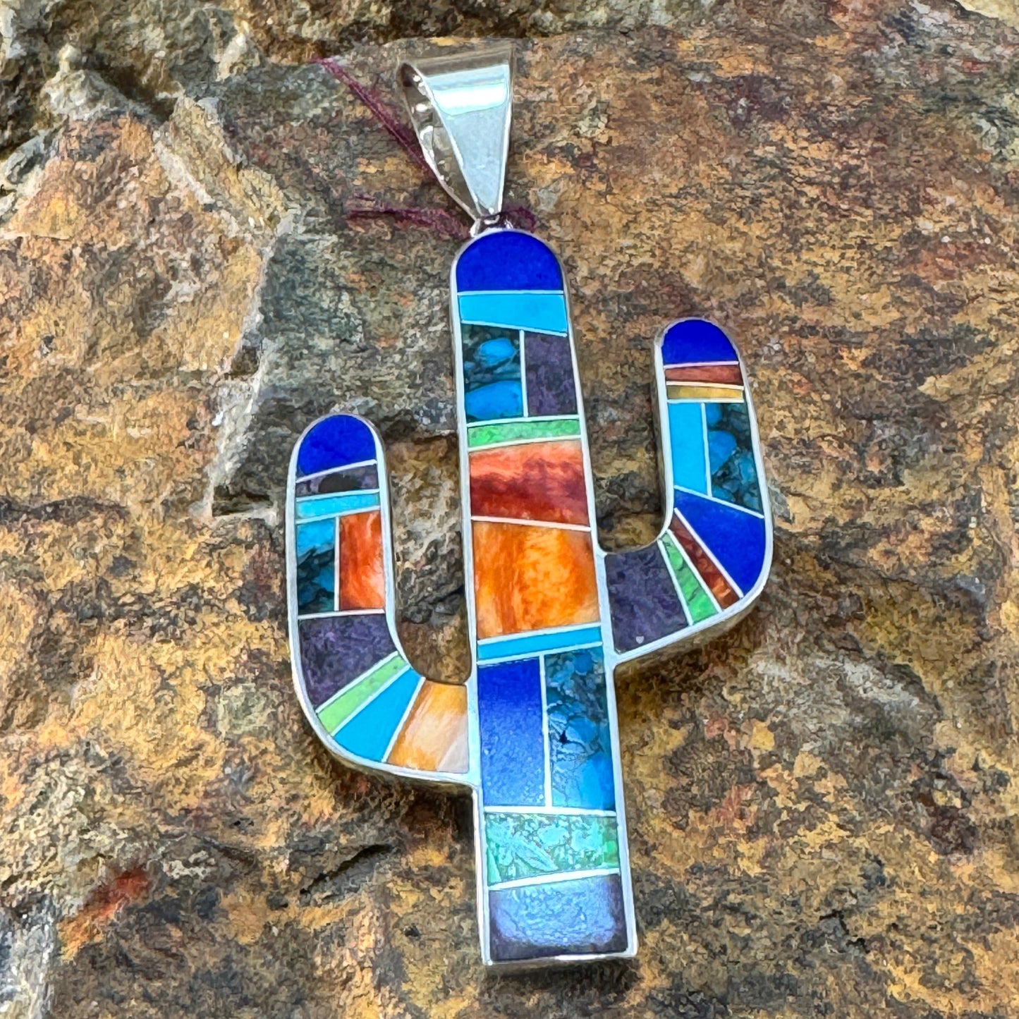 David Rosales Indian Summer Inlaid Sterling Silver Pendant Cactus