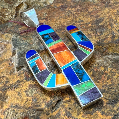 David Rosales Indian Summer Inlaid Sterling Silver Pendant Cactus