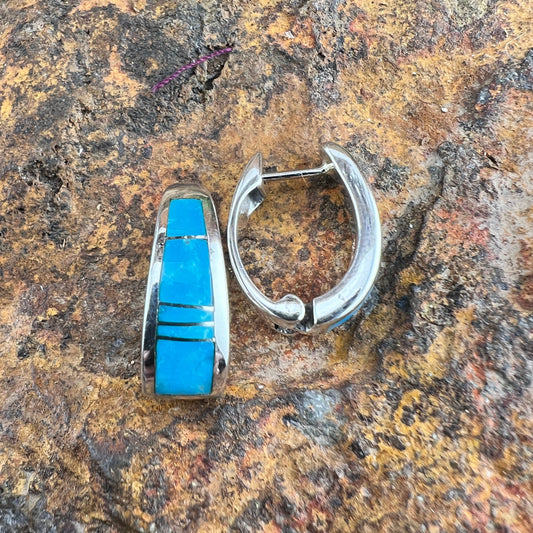 David Rosales Arizona Blue Inlaid Sterling Silver Huggie Earrings