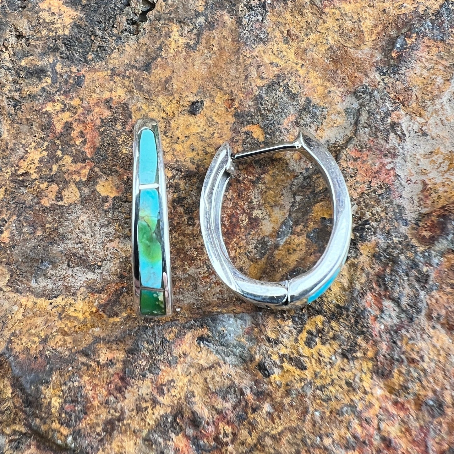 David Rosales Sonoran Gold Turquoise Inlaid Sterling Silver Huggie Earrings