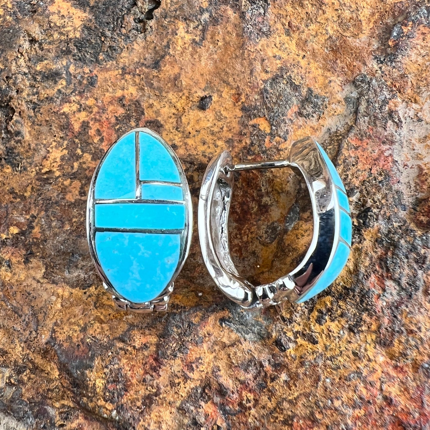 David Rosales Arizona Blue Inlaid Sterling Silver Earrings Huggie