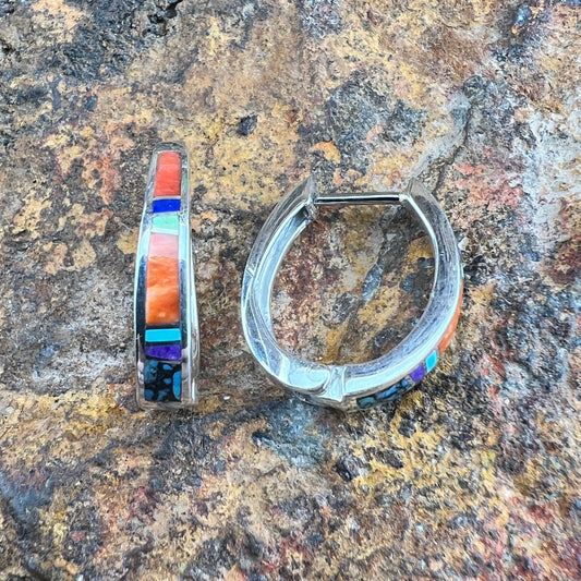 David Rosales Indian Summer Turquoise Inlaid Sterling Silver Huggie Earrings