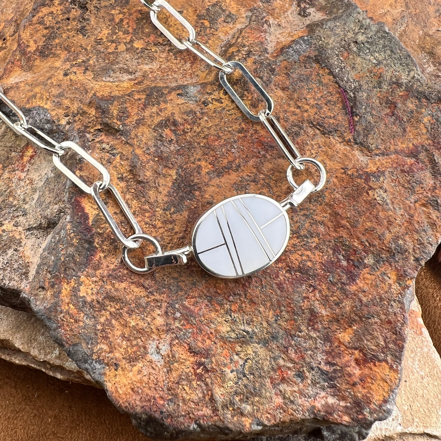 David Rosales Pristine Inlaid Necklace with Sterling Silver Link Chain