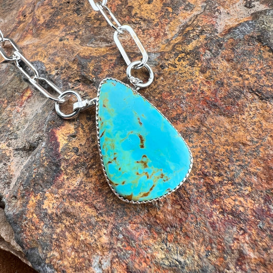 David Rosales Kingman Turquoise Cab Necklace with Sterling Silver Link Chain