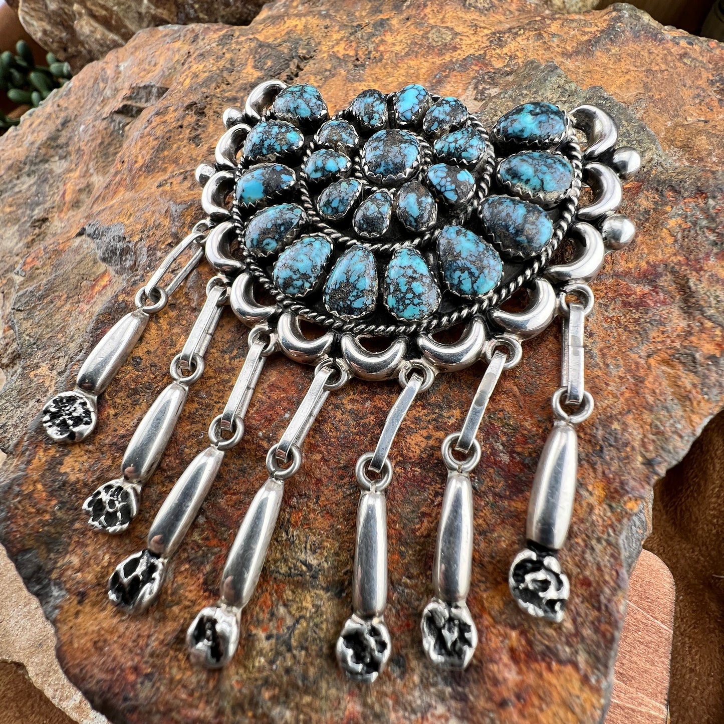 Patsy Weebothee Zuni Pin Pendant - Spiderweb Turquoise Sterling Silver C.80's