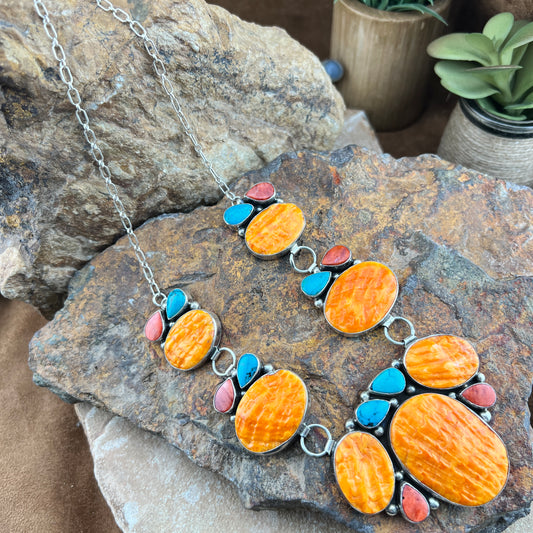 Emer Thompson Spiny Oyster Turquoise Necklace Earring Set - Sterling Silver - Estate