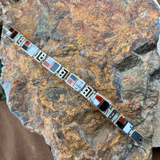 Vintage Black Jade, White Buffalo & Red Coral Inlay Bracelet by Ray Tracey - Estate
