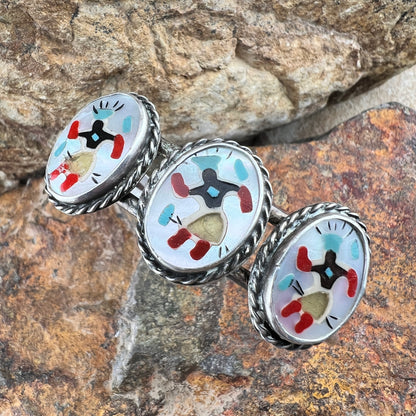 Zuni Inlay Ring - Mother of Pearl Red Coral Black Onyx Sterling Silver
