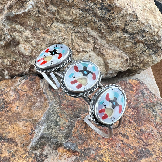 Zuni Inlay Ring - Mother of Pearl Red Coral Black Onyx Sterling Silver