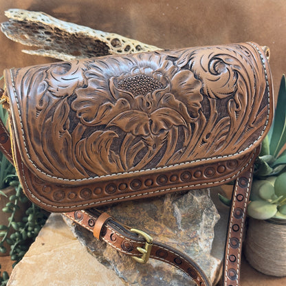 Hand Tooled 'Sunflower' Leather Crossbody Purse by Stephen Vaughn Leatherworks