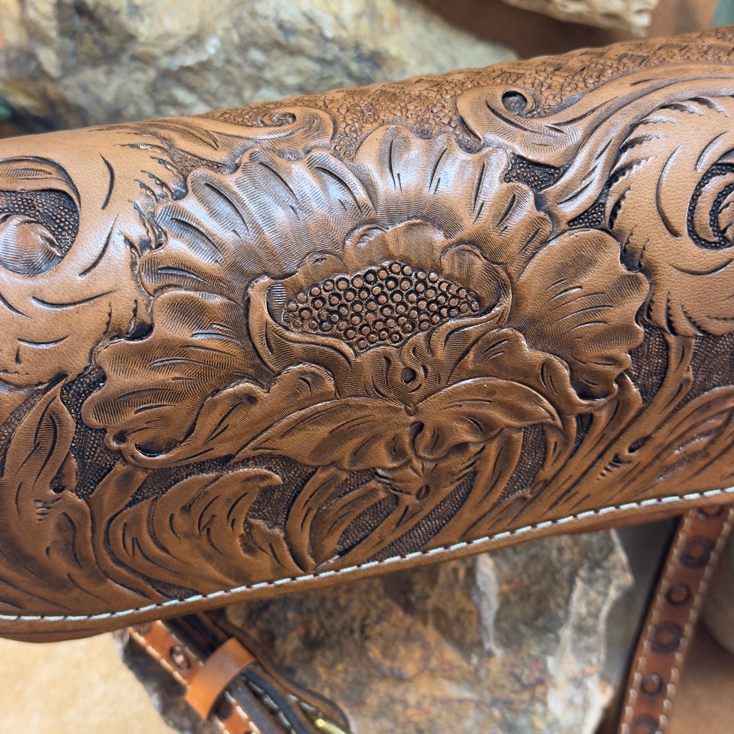 Hand Tooled 'Sunflower' Leather Crossbody Purse by Stephen Vaughn Leatherworks