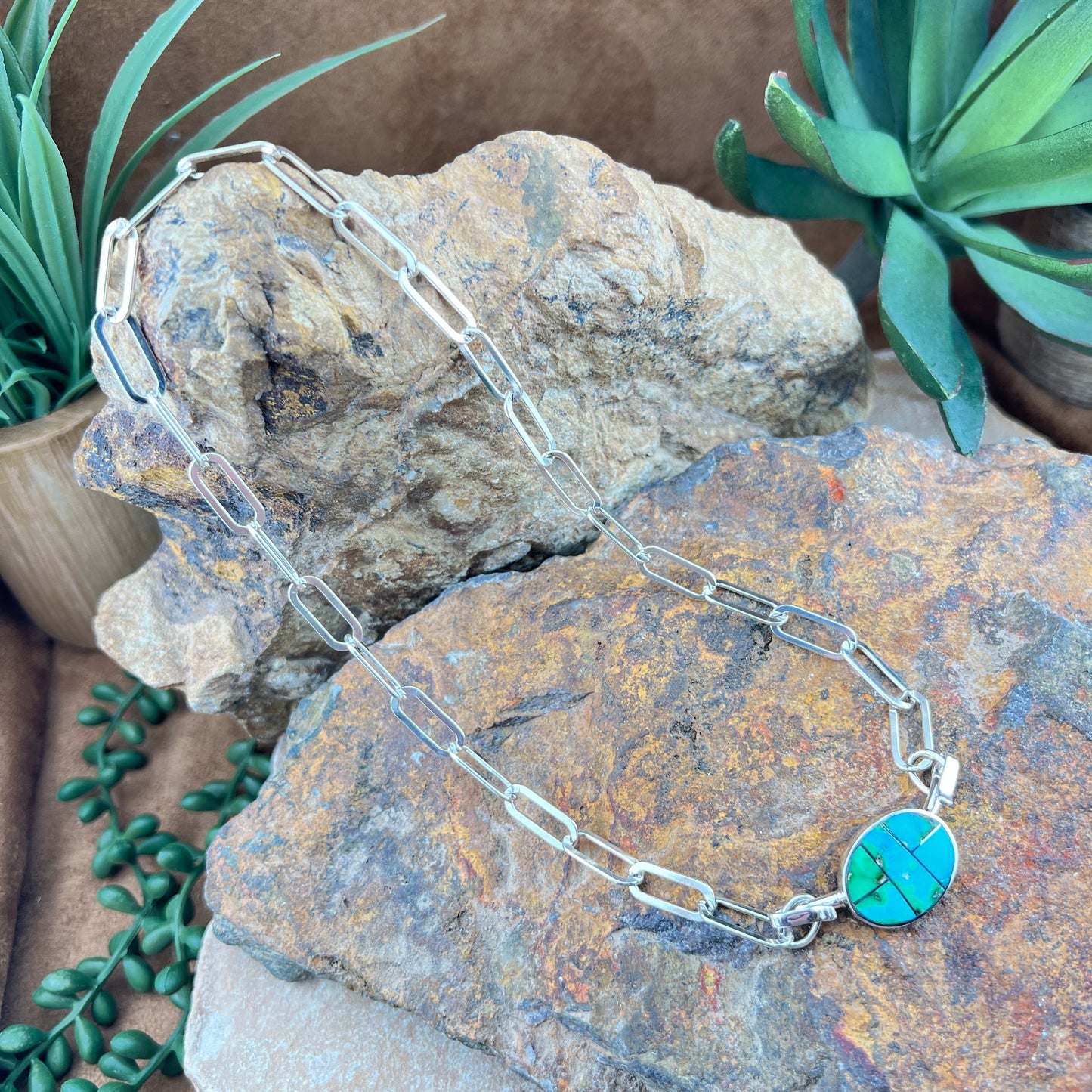 David Rosales Sonoran Gold Inlaid Necklace with Sterling Silver Paperclip Link Chain