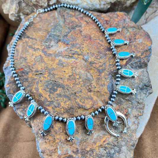 David Rosales Arizona Blue Inlaid Sterling Silver Squash Blossom Necklace with Matching Earrings