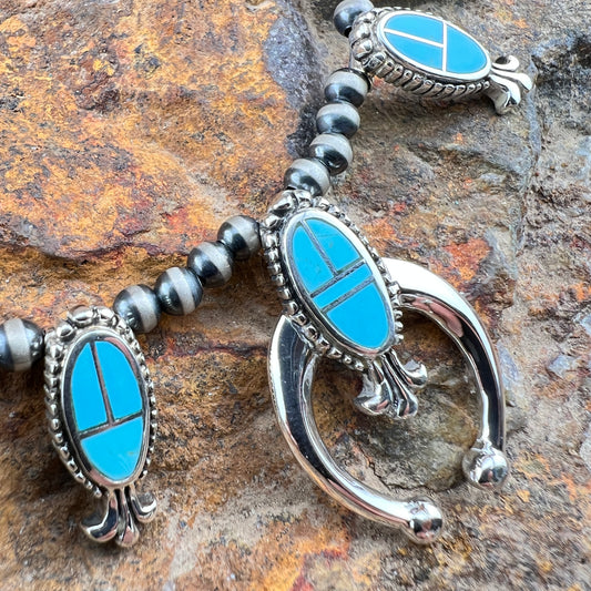 David Rosales Arizona Blue Inlaid Sterling Silver Squash Blossom Necklace with Matching Earrings