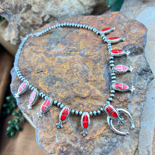 David Rosales Rosarita Inlaid Sterling Silver Squash Blossom Necklace with Matching Earrings