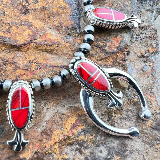 David Rosales Rosarita Inlaid Sterling Silver Squash Blossom Necklace with Matching Earrings