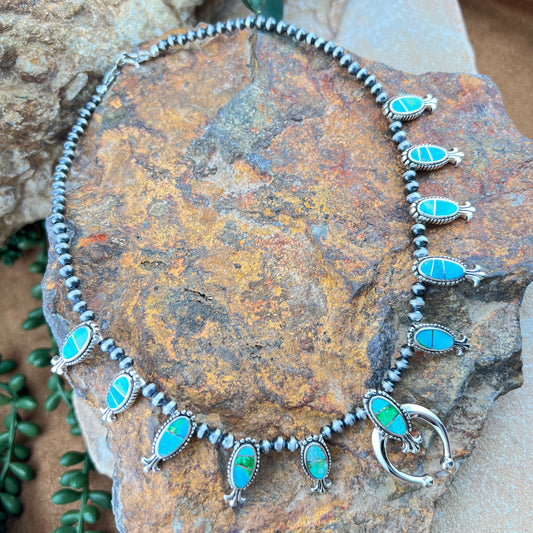 David Rosales Sonoran Gold Inlaid Sterling Silver Squash Blossom Necklace with Matching Earrings
