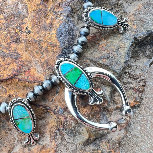 David Rosales Sonoran Gold Inlaid Sterling Silver Squash Blossom Necklace with Matching Earrings