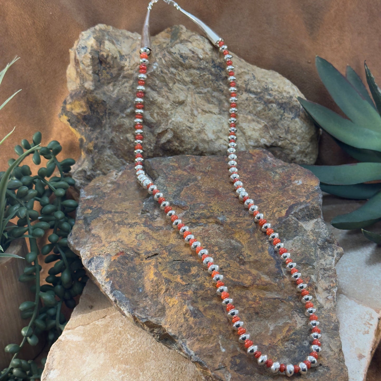 Single Strand Coral & Navajo Pearls Necklace by Leonard Nez