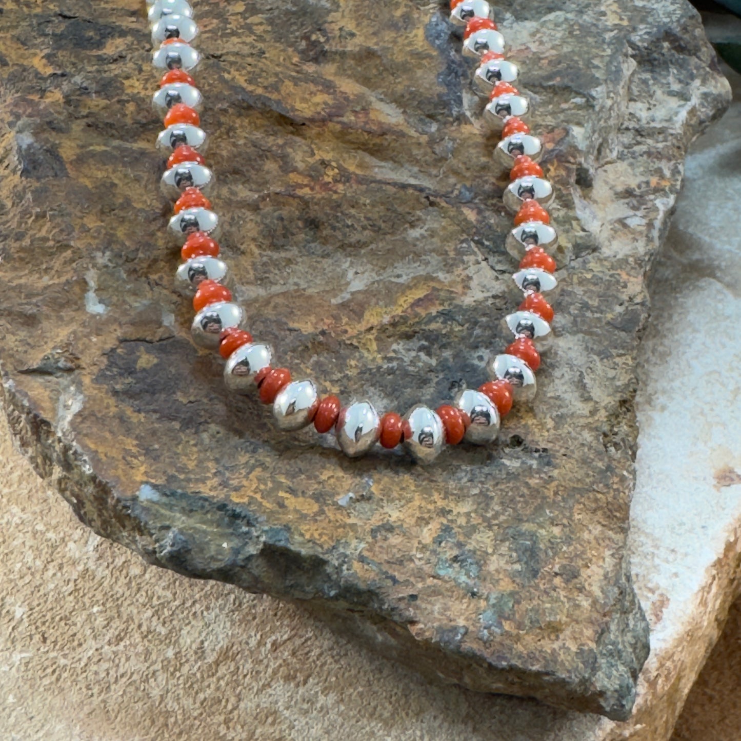 Single Strand Coral & Navajo Pearls Necklace by Leonard Nez