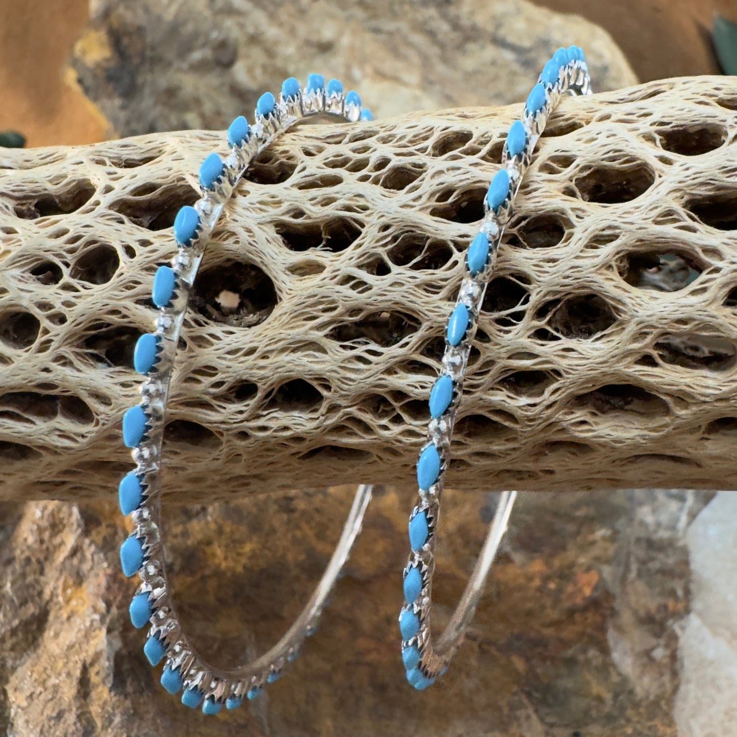 Sleeping Beauty Turquoise Petite Point Zuni Earrings by Harvey Kallestewa