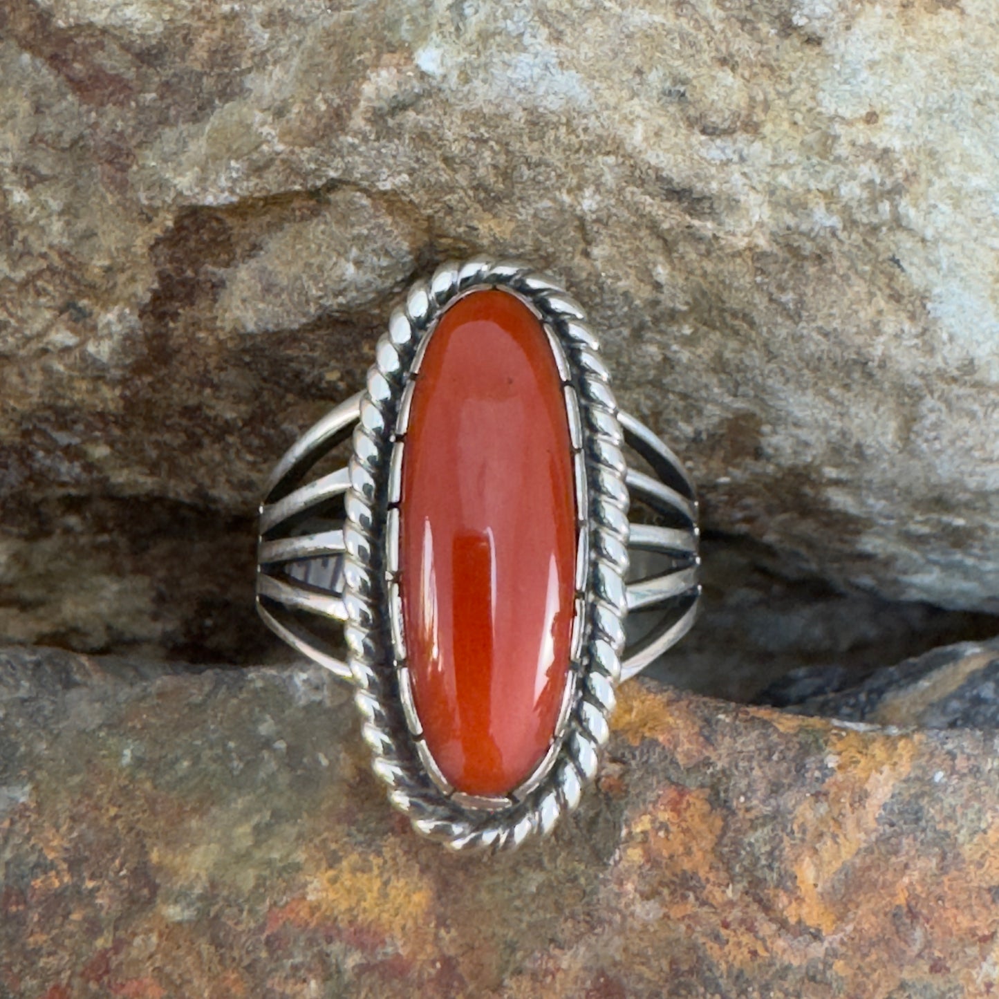 Mediterranean Red Coral Ring with Sterling Silver Split Shank Band by Kevin Ramone