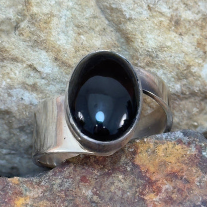 Sterling Silver Ring with Oval Black Onyx Cabochon by Wil Denetdale