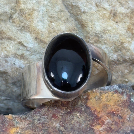 Sterling Silver Ring with Oval Black Onyx Cabochon by Wil Denetdale