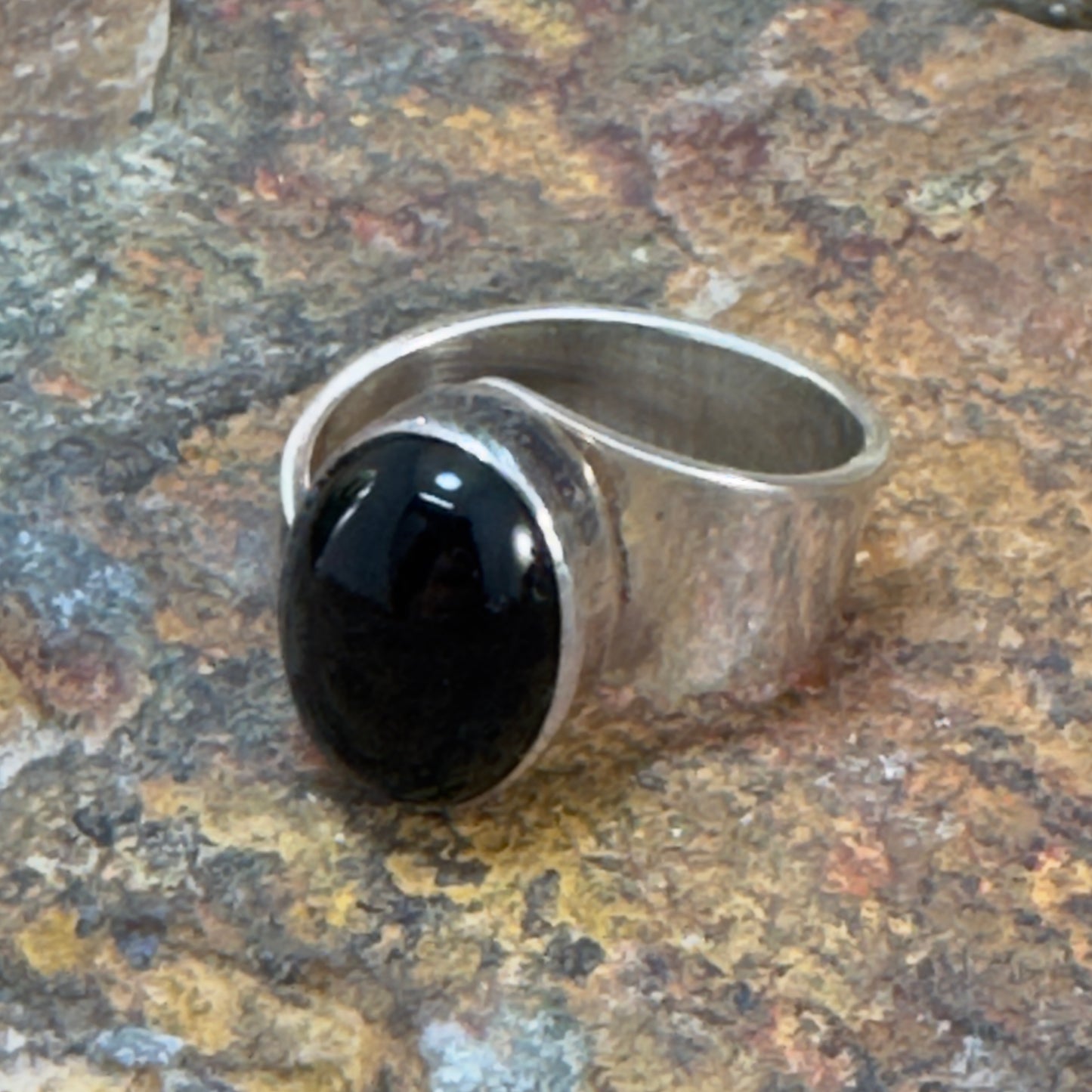 Sterling Silver Ring with Oval Black Onyx Cabochon by Wil Denetdale