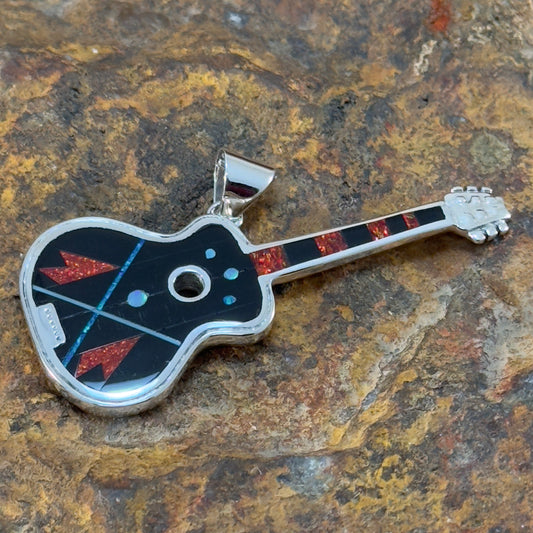 David Rosales Red Moon Fancy Inlaid Sterling Silver Pendant Guitar