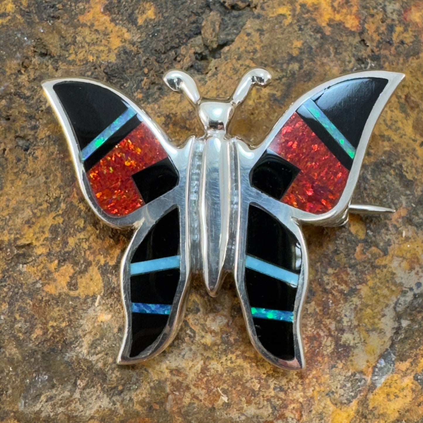 David Rosales Red Moon Inlaid Sterling Silver Pendant/Pin Butterfly