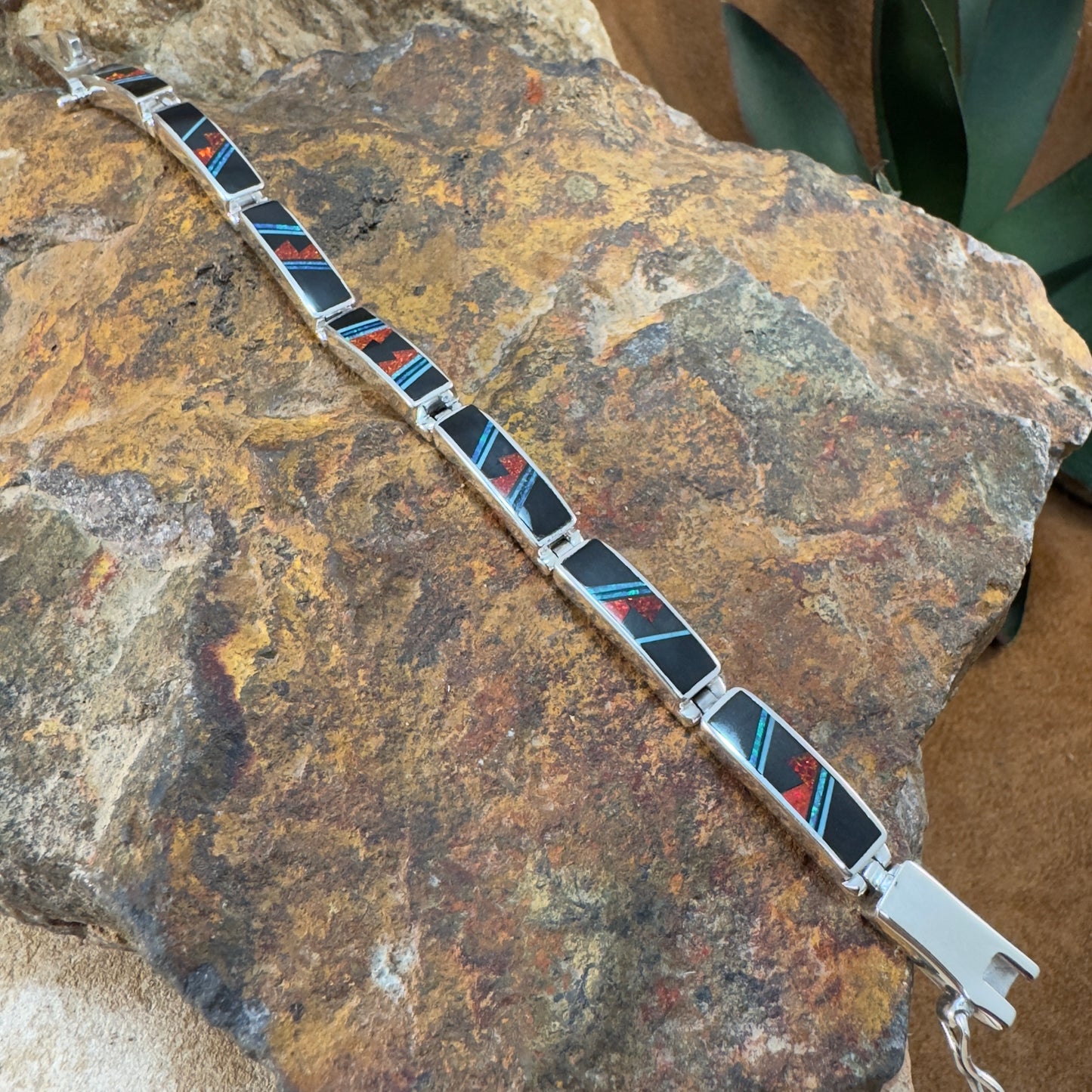 David Rosales Red Moon Inlaid Sterling Silver Big Link Bracelet