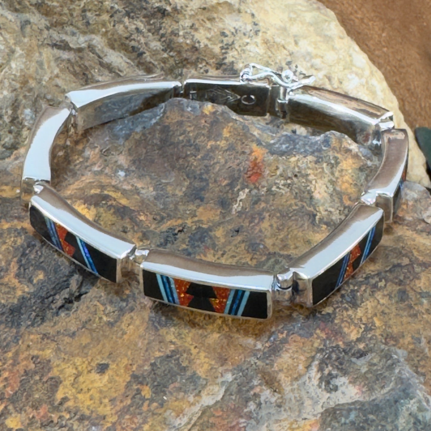 David Rosales Red Moon Inlaid Sterling Silver Big Link Bracelet