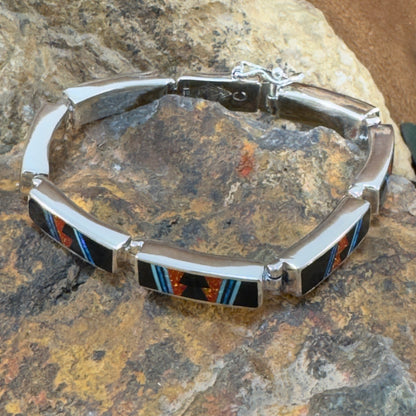 David Rosales Red Moon Inlaid Sterling Silver Big Link Bracelet