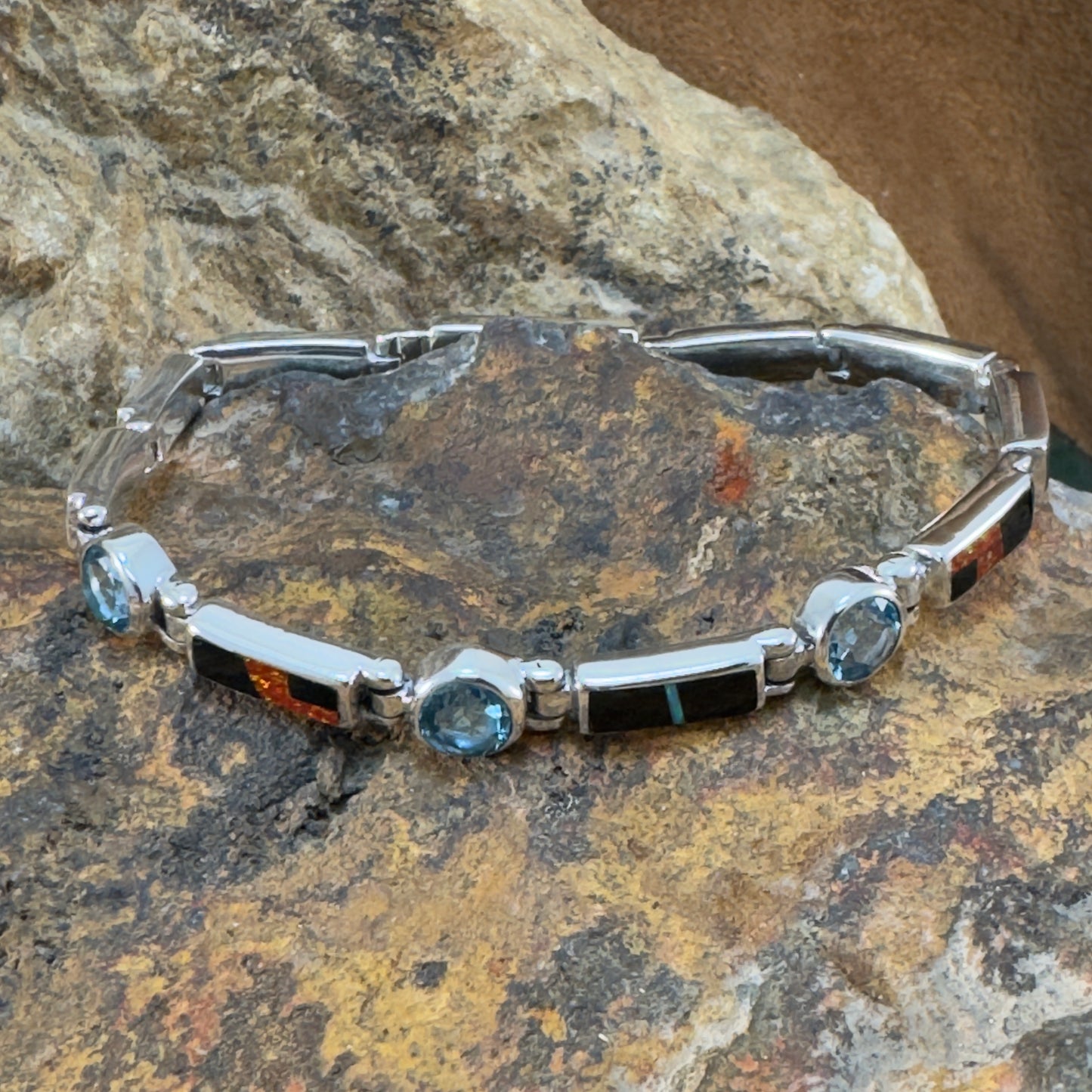 David Rosales Red Moon Inlaid Sterling Silver Link Bracelet w/ Blue Topaz